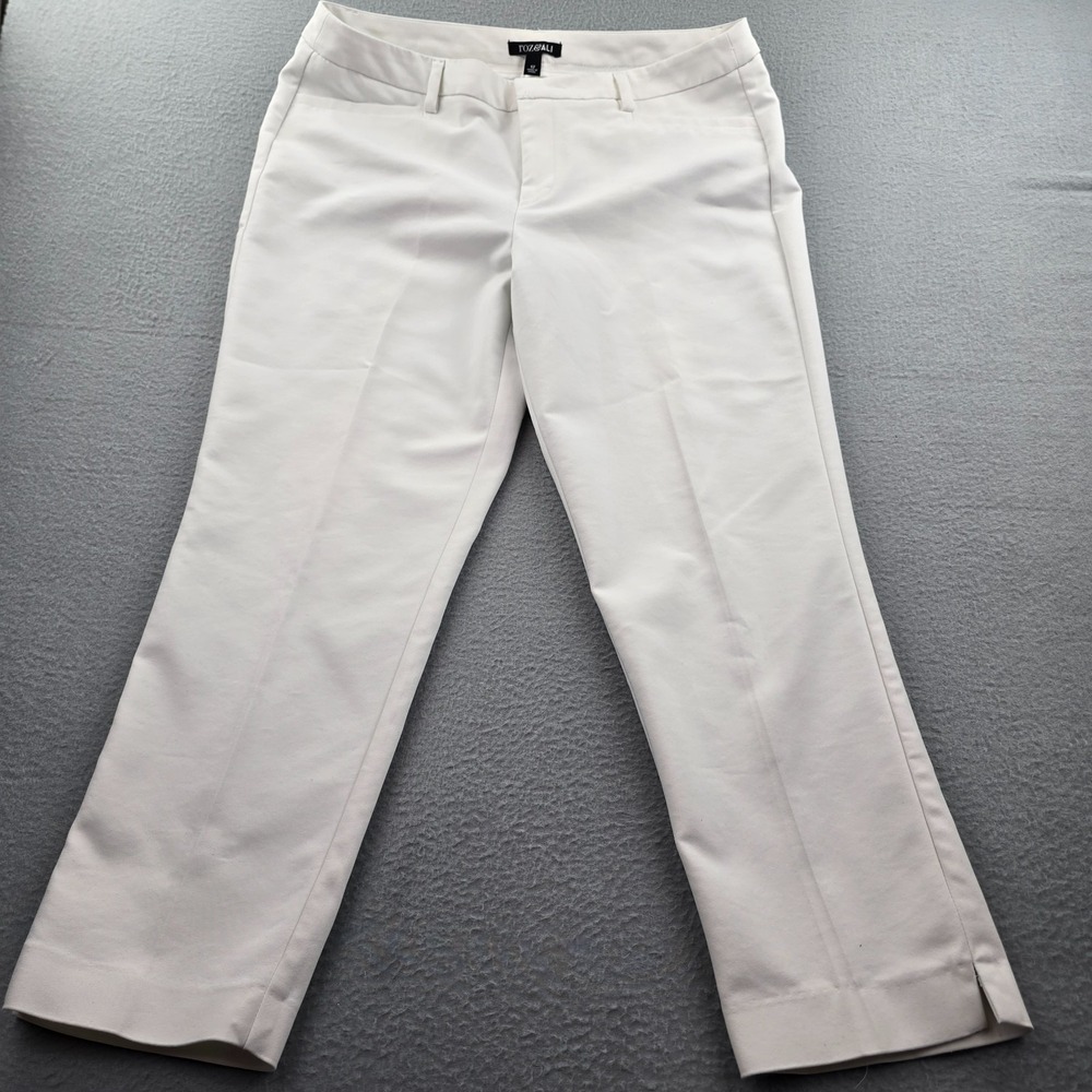 Roz & Ali Trouser Pants Women's 12 White Stretch Slit Hem Slash Pockets Straight